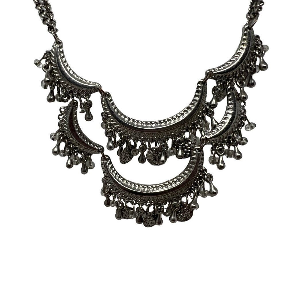 Statement Egyptian Necklace Silver Tone Moon Shaped Stations with Hanging Beads